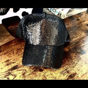 Black Sequin Hat With Criss Cross Back